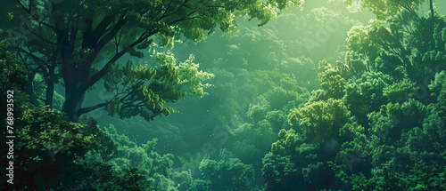 A lush green forest, with the foliage displaying a gradient of shades from vibrant emerald to deep forest green.