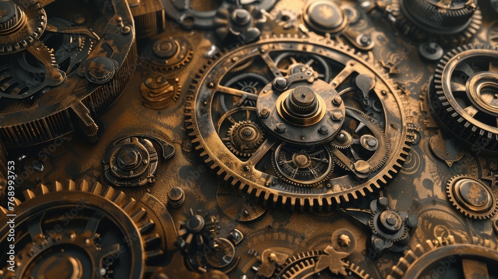 A dynamic, steampunk gear and cog pattern, set against a backdrop of aged brass and copper, symbolizing the technological marvels and machinery created with Generative AI Technology