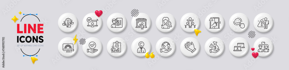Inspect, Lgbt and Couple love line icons. White buttons 3d icons. Pack of Teamwork, Market seller, Approved checkbox icon. Dont touch, Search employee, Clapping hands pictogram. Vector Inspect, Lgbt and Couple love line icons. White buttons 3d icons. Pack of Teamwork, Market seller, Approved checkbox icon. Dont touch, Search employee, Clapping hands pictogram. Vector