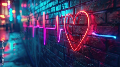 Heartbeat rhythm visualized in a neon light display  pulsating with life