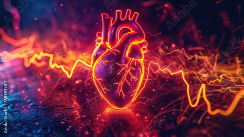 Heartbeat rhythm visualized in a neon light display, pulsating with life