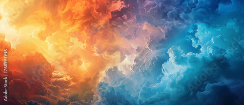 A dramatic sky filled with clouds, with the colors shifting from warm oranges to cool blues, creating a splendid gradient captured in high-definition to emphasize its mesmerizing vibrancy.
