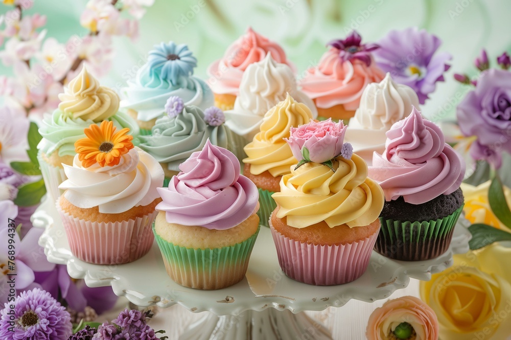 Colorful Cupcakes with Floral Decorations on Display