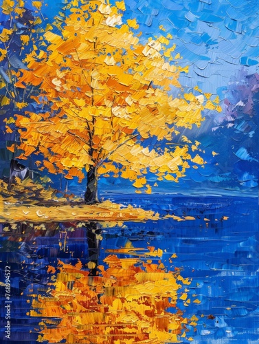 A painting depicting a tree with vibrant yellow leaves set against a clear blue sky