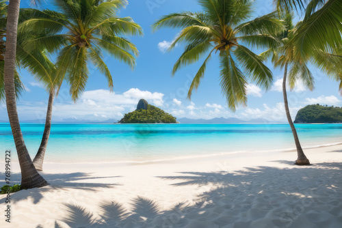 Serene beach view with palm trees and distant island. The concept of recreation and tourism.