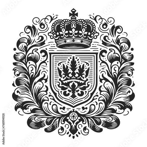 vintage heraldic crest featuring a crown, shield, and ornamental flourishes sketch engraving generative ai vector illustration. Scratch board imitation. Black and white image.