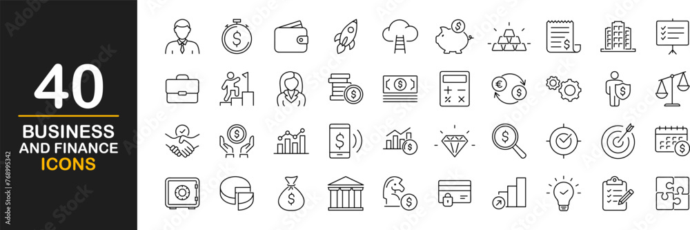 Business and finance icon set. Included the icons as money, stock market, bank, check, law, savings, Investment, currency, revenue and more. Vector illustration