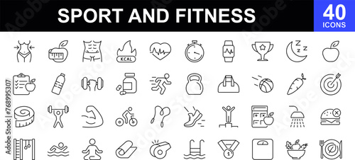 Sport and fitness icon set. Contains such icons as healthy lifestyle, weight training, body care and more. Set of icons related to healthy lifestyle, healthy eating, diet and exercise