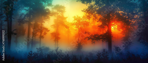 A foggy forest scene at dawn, with the colors of the sunrise casting a splendid gradient of oranges and yellows through the mist, captured in high-definition to showcase its mesmerizing vibrancy.