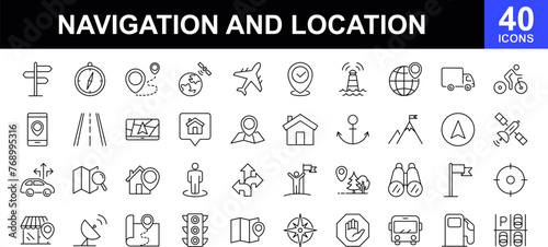 Navigation and location icon set. Map icon set. Simple set of route related vector line icons. Included the icons as pin, destination, nearby, direction, navigation, navigator, way and more