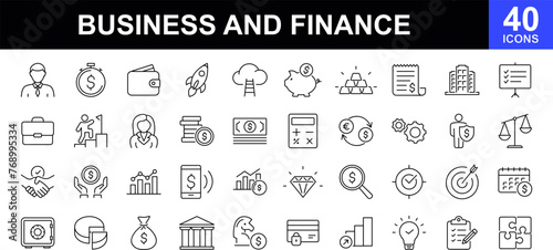 Business and finance icon set. Included the icons as money, stock market, bank, check, law, savings, Investment, currency, revenue and more. Vector illustration