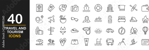 Travel and tourism icon set. Contains such icons as luggage, passport, sunglasses, travel, hotel, tourism, beach, plane, map, airport, tickets, tour, relax, service and more. Vector Illustration