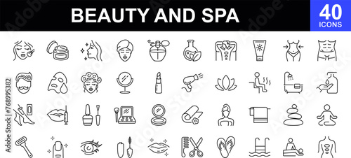 Beauty and spa icon set. Spa treatments. Cosmetics services. Concept of a healthy lifestyle, face and body care, recreation. Contains such icons as massage, sauna, cosmetology, skin care and more