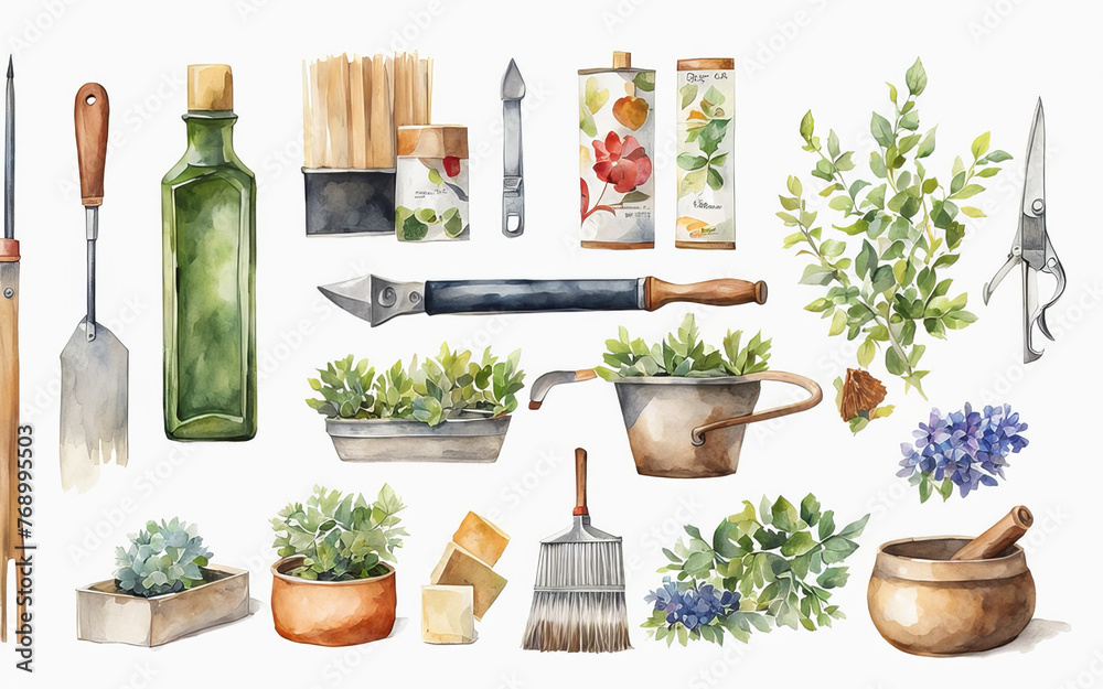 Serene watercolor painting highlighting the theme of gardening, with a delicate and artistic portrayal of essential garden supplies in a picturesque setting.