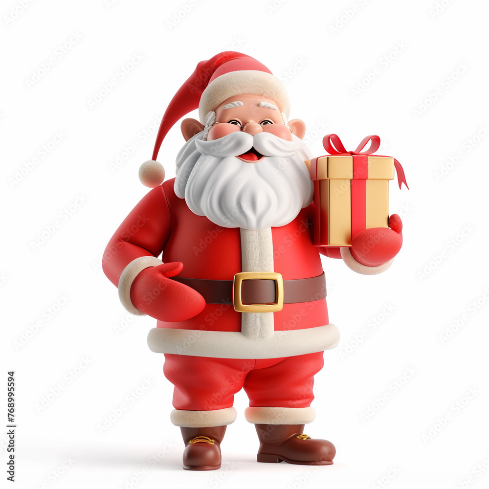 3D Santa Claus holding gift box with smile, isolated on white background 3D Santa Claus holding gift box with smile, isolated on white background