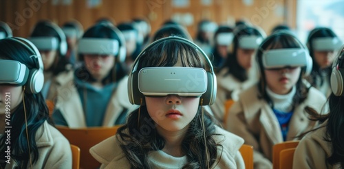 A classroom filled with students wired to identical headsets, their faces blank as they absorb government-controlled information.