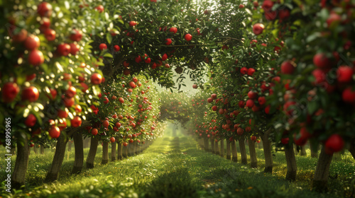 Rows of apple trees laden with fruit create a lush pathway in a sunlit orchard.