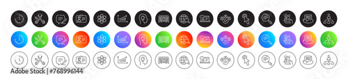 Time, Management and Online documentation line icons. Round icon gradient buttons. Pack of Video conference, Chemistry atom, Write icon. Cut tax, Cursor, Music phone pictogram. Vector
