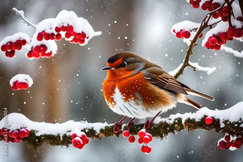 Robin Redbreast in November when Storm Arwen hit the UK. Facing right on a snow covered tree branch with red berries.