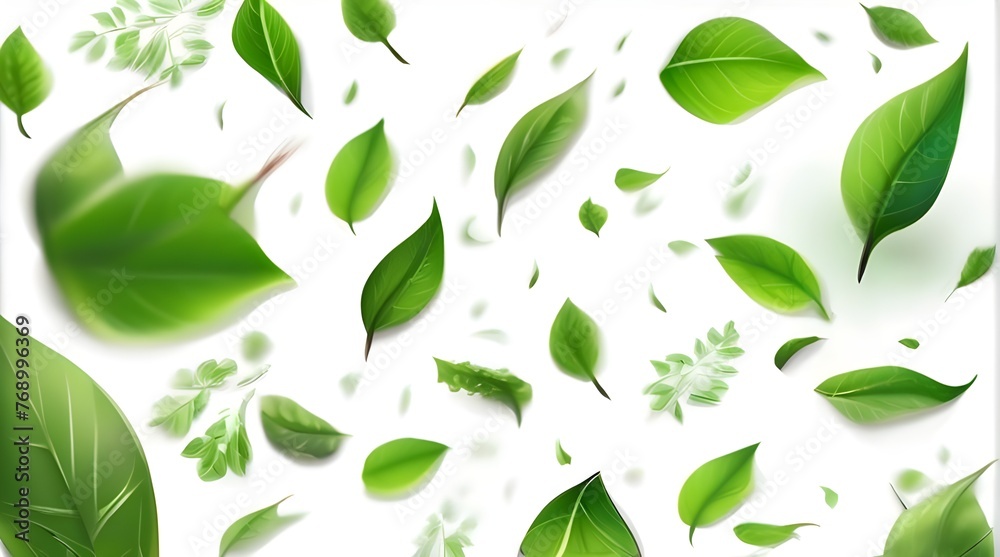 green leaves floating in the air,green leaves flying in white background, leaves on spring,Environmental Implications of Floating Green Leaves,