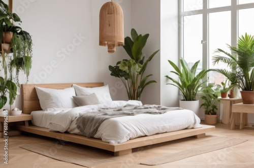 Interesting corner in a home garden, bedroom in light tones with wooden elements. Featuring: bed, parquet floor, and plenty of potted houseplants. Urban jungle interior design. Biophilia concept.