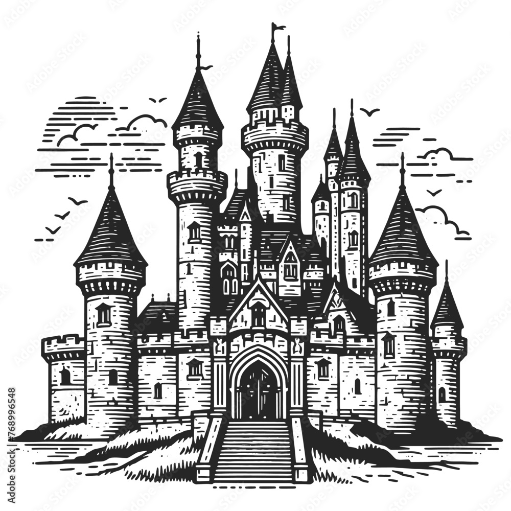 majestic medieval fantasy castle on rocky terrain sketch engraving generative ai fictional character vector illustration. Scratch board imitation. Black and white image.