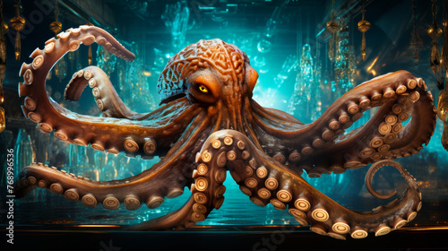 Envision a chic octopus in a sequined evening gown, adorned with pearl bracelets and a crystal tiara. Against a backdrop of deep ocean hues, it exudes underwater glamour and sophistication. Mood: eleg