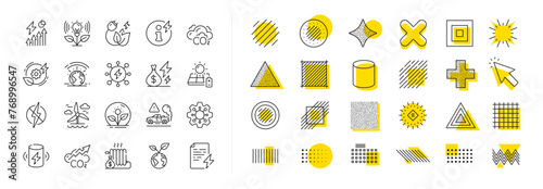 Warm climate, Sustainable power and Antistatic set. Design shape elements. Green energy line icons. Co2 exhaust, Solar charge battery and Heat radiator icons. Vector