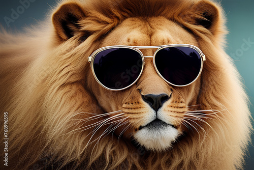 Lion wearing stylish sunglasses closeup, lion's face, wild, animal predator, king of the jungle, fashion style, wildlife, feline, carnivore, majestic, fierce, leone, leon image 