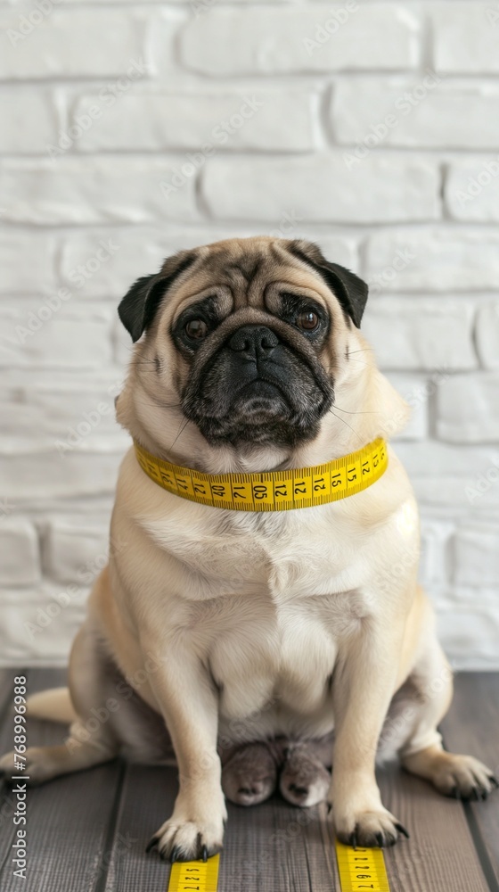 A pleasantly plump pug, surrounded by a vibrant yellow measuring tape, captures the spirit of the fight against dog obesity, contrasting with a simple white brick wall.