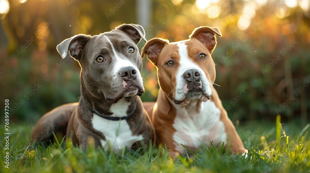 A closeup shot of two cute American Staffordshire Terrier dogs on a lawn A closeup shot of two cute American Staffordshire Terrier dogs on a lawn