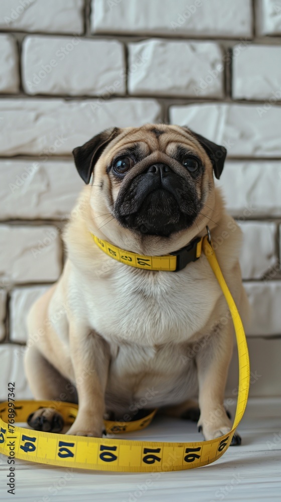 A round and cute pug, entwined in a yellow measuring tape, captures the essence of the fight against dog obesity, harmonizing with a serene white brick wall.