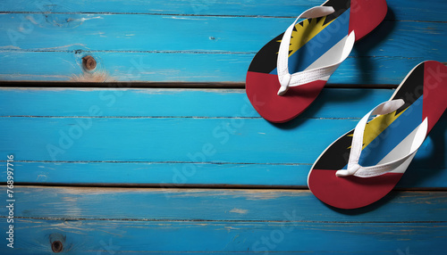 Pair of beach sandals with flag Antigua and Barbuda. Slippers for summer sea vacation. Concept travel and vacation in Antigua and Barbuda.