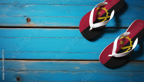 Pair of beach sandals with flag Angola. Slippers for summer sea vacation. Concept travel and vacation in Angola.