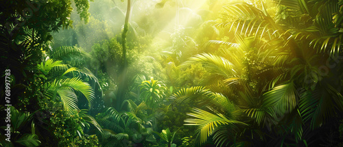 A lush tropical forest with sunlight filtering through the canopy, creating a splendid gradient of greens and yellows, all captured in high-definition to showcase its mesmerizing vibrancy.