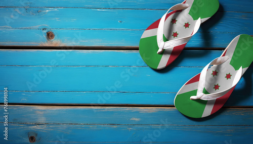 Pair of beach sandals with flag Burundi. Slippers for summer sea vacation. Concept travel and vacation in Burundi.