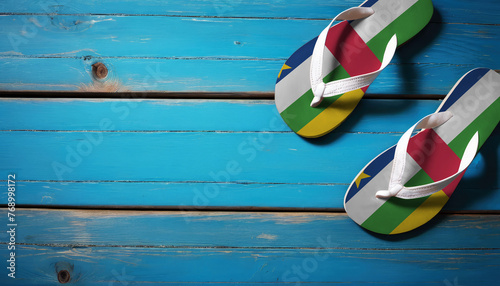 Pair of beach sandals with flag Central African Republic. Slippers for summer sea vacation. Concept travel and vacation in Central African Republic.