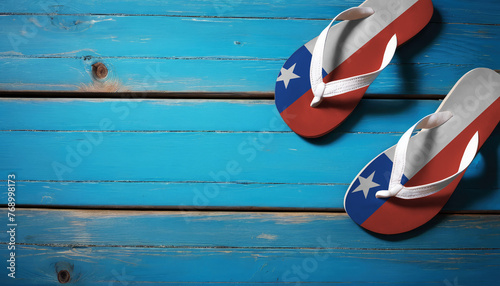Pair of beach sandals with flag Chile. Slippers for summer sea vacation. Concept travel and vacation in Chile.