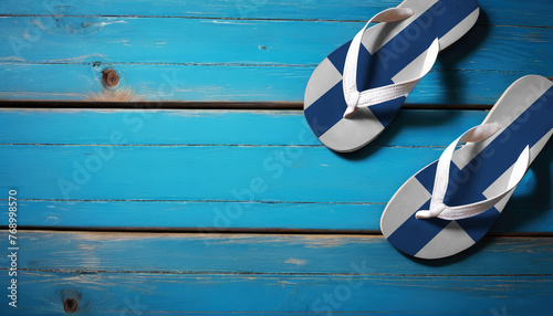 Pair of beach sandals with flag Finland. Slippers for summer sea vacation. Concept travel and vacation in Finland.