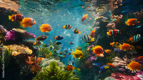 A colorful school of fish swimming in a coral reef