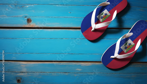 Pair of beach sandals with flag Haiti. Slippers for summer sea vacation. Concept travel and vacation in Haiti.