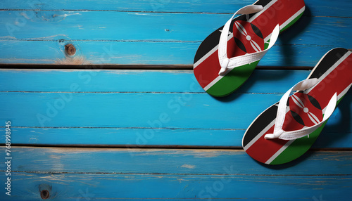 Pair of beach sandals with flag Kenya. Slippers for summer sea vacation. Concept travel and vacation in Kenya.