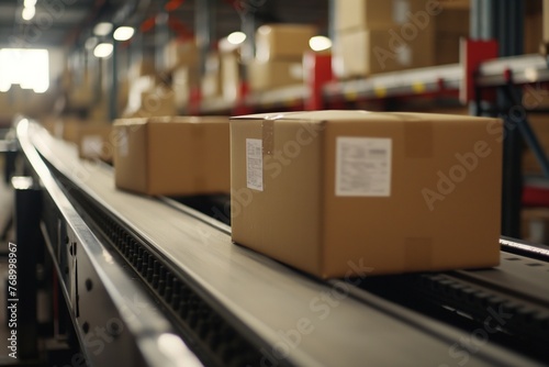 Closeup of multiple cardboard box packages seamlessly moving, boxes moving in the factory, factory boxes moving, factory and boxes closeup © MH
