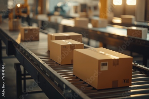 Closeup of multiple cardboard box packages seamlessly moving, boxes moving in the factory, factory boxes moving, factory and boxes closeup © MH