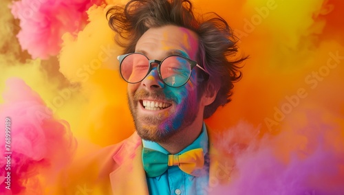 a man with a bow tie and glasses on a colorful background