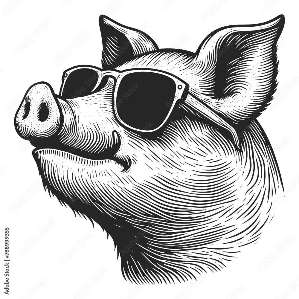 pig wearing sunglasses and a cap in detailed style sketch engraving generative ai fictional character vector illustration. Scratch board imitation. Black and white image. - obrazy, fototapety, plakaty 