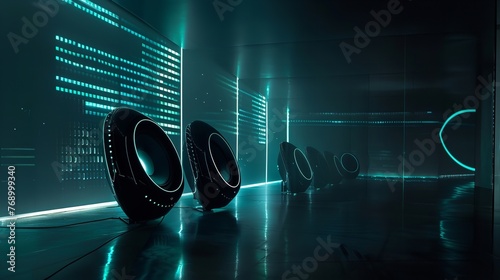 a futuristic sound system with sleek, curved high-end speakers that emanate an ambient neon glow