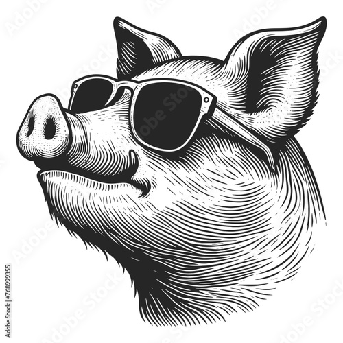 pig wearing sunglasses and a cap in detailed style sketch engraving generative ai fictional character vector illustration. Scratch board imitation. Black and white image.