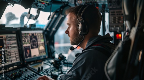 a man wearing headphones and a headset looking at the control panel