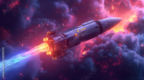 Abstract colorful vector art of a flying spaceship in space